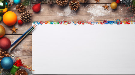 empty blank piece of paper with christmas decorations on a wooden table. the top view showcases a simple and colorful illustration style, reminiscent of graffiti-like lettering. this associated press photo captures the essence of neo-geo minimalism, inspired by artists like dan colen. the image exudes a smilecore vibe, combining elements of cad (computer-aided design) and artistic expression. ai generatedの素材