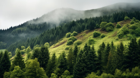 a photo of a lush forest of pine trees on a fog-covered mountain, reminiscent of scottish landscapes. captured with a hasselblad h6d-400c, this image beautifully depicts rural life and serene pastoral scenes. the high resolution and isolated landscapes make it a captivating addition to any collection. ai generatedの素材