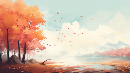 a painting of autumn trees on a lake, featuring simple and colorful illustrations in an anime-influenced style. the artwork, created by kerem beyit, showcases detailed character illustrations in light red and light blue tones. the 8k resolution allows for a high level of detail, capturing the intricate background elements of the scene. ai generatedの素材