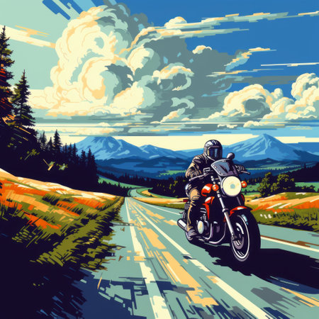 a person riding down a paved road in the countryside is depicted in this oil painting. the artwork showcases a colorful pixel-art style with vintage poster design elements. the mountainous vistas and hand-drawn details add depth to the composition. the smokey background and screen printing technique create a unique visual effect, while the spectacular backdrops enhance the overall appeal of the painting. ai generatedの素材