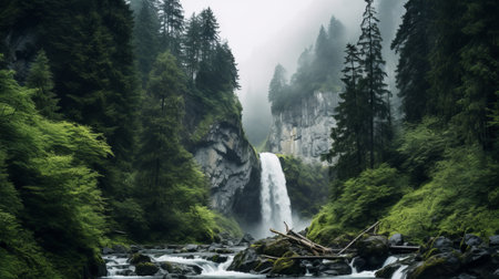 a mesmerizing 8k resolution photograph captures a misty gothic waterfall nestled in the heart of a lush forest. this swiss-style, national geographic-worthy image, reminiscent of elisabeth sonrel's nature-inspired installations, showcases the beauty of mountainous vistas. ai generatedの素材