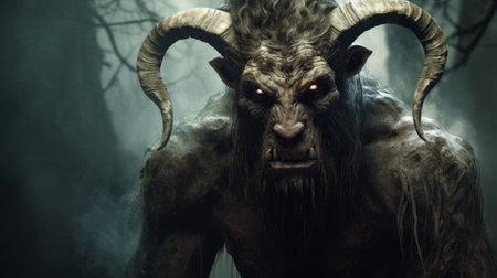 the tamed horned demon, captured in this national geographic photo, is depicted walking gracefully on a tree branch. the detailed facial features and strong expression showcase the artist's skill in vray style. with xbox 360 graphics, this image combines mythological references and a brooding mood, creating a captivating visual narrative. ai generatedの素材