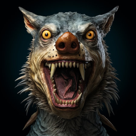 scary head with open mouth illustration of an angry wolf, in the style of daz3d. this grotesque caricature captures the fierce and wild nature of the wolf. the hyper-detailed illustration showcases the artist's talent in creating whimsical creatures. a commissioned piece that would fit perfectly in national geographic's collection of unique and captivating photos. ai generatedの素材