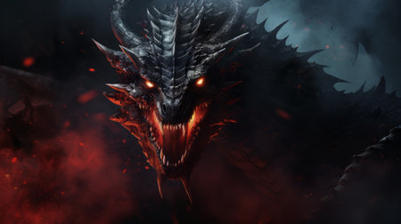 a dragon emerges from the shadows, fiercely attacking its target. this hyper-detailed, realistic 2d game art showcases the dragon's strong facial expression. the queencore aesthetic is evident in the gray and crimson color scheme. this uhd image captures the essence of mythic storytelling. ai generatedの素材
