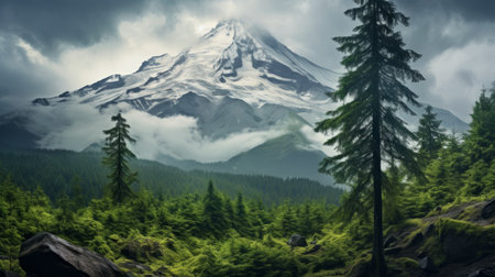 snowy mountain in a forest, viewed from above, captures the essence of oliver wetter's photo-realistic landscapes. this national geographic photo, reminiscent of elihu vedder's sensitivity to the natural world, exudes a cabincore aesthetic with its gloomy ambiance. ai generatedの素材