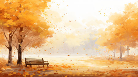 an 8k resolution painting by atey ghailan featuring a minimalist autumn forest with a bench. the artwork showcases a light orange and light gold color palette, creating a serene atmosphere. the detailed sketches and smokey background add depth to the composition. ai generatedの素材