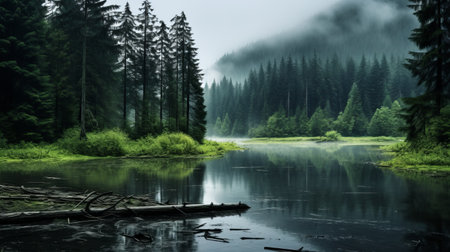 a foggy forest lake captured in a stunning uhd image by andrzej sykut. this naturalistic landscape background showcases the beauty of post-processing techniques, with a dark, white, and green color palette reminiscent of whistlerian art. the photo is presented in mesmerizing 8k resolution. ai generatedの素材