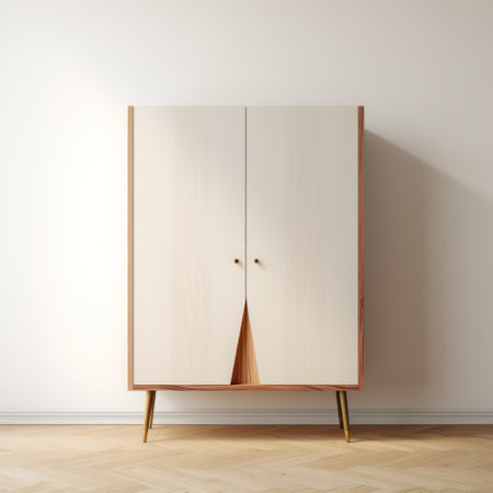 a white cabinet with black legs is positioned next to a white wall, showcasing a stylish blend of varying wood grains. this low poly, abstract minimalism-inspired piece appeals to admirers of danish golden age aesthetics. the subtle lighting adds a touch of retro-style charm, creating an elegantly formal atmosphere. ai generatedの素材