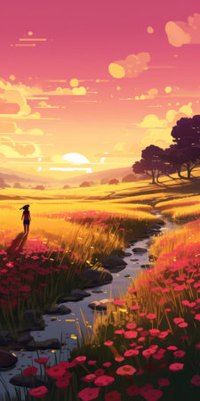 a woman gracefully walks through a vibrant spring landscape, surrounded by a colorful array of flowers. this 2d game art-inspired scene captivates with its light crimson and gold hues. the enchanting combination of orange and magenta adds to the romantic riverscapes and fictional landscapes depicted in this concept art. ai generatedの素材