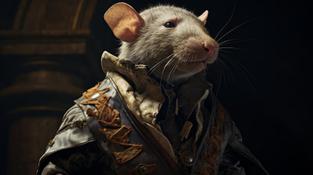 the rat from the game is depicted in a dark, baroque sci-fi style in this studio portrait. the color photography pioneer captures the eccentric detail placements and uniformly staged images. the rtx technology enhances the photographically detailed portraitures. ai generatedの素材