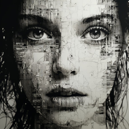 a woman's face is depicted on a piece of computer glass, showcasing an apocalyptic collage style. the artwork is rendered in black and white, with a touch of realism. the image is presented in 32k uhd resolution, giving it incredible detail. the textured canvas adds depth to the piece, resembling a mosaic graffiti. the overall effect is a hyper-realistic portrayal of the woman's features. aiの素材