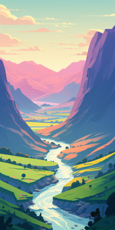 a photo of a colorful landscape featuring soft gradients and flat chromatic fields. the style of the image is reminiscent of physically based rendering, british topographical art, and artists like kelly vivanco and paul corfield. the photo captures mountainous vistas in a visually striking manner. ai generatedの素材