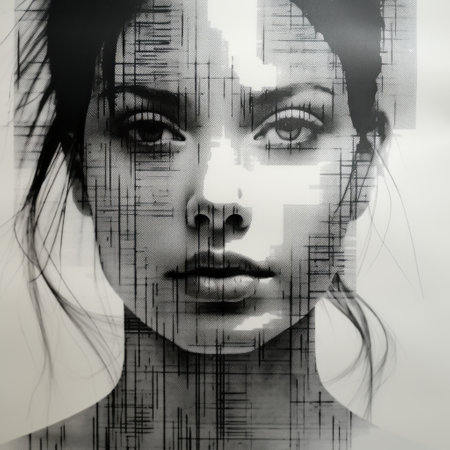 an abstract black and white glitch art image featuring a hyper-detailed portrait of a woman's face. this realistic artwork showcases elegant and emotive features, created with transparent layers and screen printing techniques. the 32k uhd resolution highlights the highly detailed realism of the portrait. ai generatedの素材