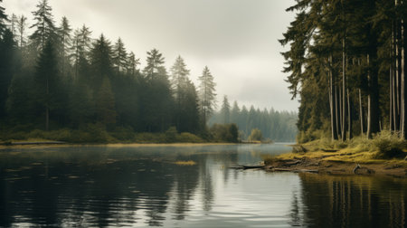 a photo featuring pine trees in the background, capturing the serene atmosphere of calm waters and the enchanting essence of woodland imagery. this cryptid academia-inspired image showcases the influence of the vancouver school, with hazy landscapes reminiscent of historical imagery. the photo was taken using the provia film, adding a touch of nostalgia to the composition. ai generatedの素材