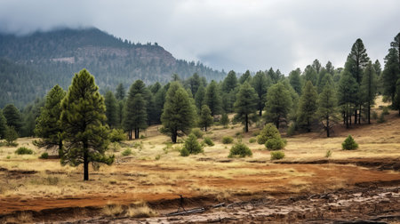 a stunning national geographic photo captures the essence of rural life with a mountain and pine trees surrounded by clouds overhead. the image showcases the unique style of desertwave, featuring wet-on-wet blending techniques and atmospheric woodland imagery. the flat areas of color add depth to the scene, while the rim light creates a captivating visual effect. ai generatedの素材