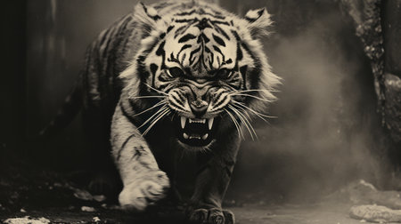 a fierce tiger dashes through a dense forest, its jaws wide open, revealing its sharp teeth. this captivating black and white portrait captures the essence of drama and intensity. the use of bold traditional, redscale film enhances the image's angura kei style, while the chiaroscuro lighting creates striking contrasts between dark violet and white. the close-up perspective adds to the overall impact of this powerfulの素材