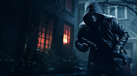 a man in a hoodie stands in the dark night, portrayed in the style of a rendered scene in unreal engine. the image captures dynamic action scenes with digitally enhanced elements. the aestheticized violence and revolutionary composition techniques draw inspiration from dutch genre scenes, creating a visually striking and captivating portrayal. ai generatedの素材