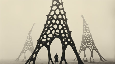 a person stands next to a man made of tall pillars, resembling biomorphic forms. the misty gothic atmosphere surrounds the post-minimalist structures, creating a fantastical scene. the sepia tone enhances the beauty of the welded sculptures, blending them seamlessly with the french landscape. ai generatedの素材
