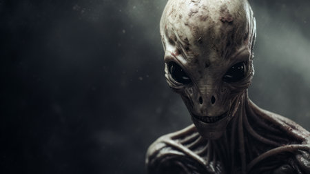 aliens in space, depicted in a psychological horror style with tenebrism effects. this captivating photo showcases the intriguing world of cryptid academia, with a depth of field that adds to the mysterious atmosphere. influenced by science fiction, the slender figures of the aliens create an eerie and otherworldly presence. ai generatedの素材