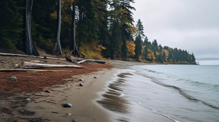 a beach scene featuring fallen trees along the water's edge. the photo showcases a moody atmosphere with light amber and gray tones. this forestpunk-inspired, documentary travel photograph captures the essence of the northwest school. shot on 70mm with an impressive 8k resolution, it offers stunning detail and visual impact. ai generatedの素材
