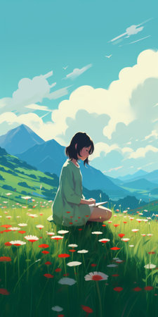 a girl sits on the grass, gazing at the sky, reminiscent of intricate flower and garden paintings. the scene captures the essence of mountainous vistas, nintencore, and ocean academia. the artist's heavy use of palette knives adds depth and texture to the artwork. the youthful protagonist and letterboxing technique further enhance the composition. ai generatedの素材