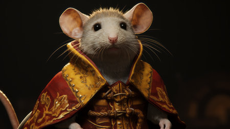 a mouse in armor wearing an ornamented cape is depicted in this photorealistic portrait. the ray tracing technique used in this national geographic-style photo, rendered in maya, brings out the baroque-inspired drama. the image showcases realistic hyper-detail, capturing the charm of the character. ai generatedの素材