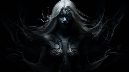 a woman with white and black wings stands amidst the norwegian nature, her body adorned with intricate and tangled forms. this haunting portrait captures the essence of dark fantasy creatures, with body extensions that evoke a sense of mystery and allure. created using zbrush, the dark silver and dark cyan tones add an ethereal touch to this mesmerizing wallpaper. ai generatedの素材