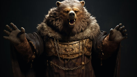 a bear, dressed in an intricate robe, sits with its hands out, as if holding meat. this characterful animal portrait, created in the style of unreal engine, showcases a historical reimagining of the northern and southern dynasties. with its stunning 8k resolution, this image is perfect for imax screens. ai generatedの素材