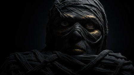 the dark face of a mummy is captured in this stock photo, showcasing a haunting image in a dark gray and gold color scheme. with an 8k resolution, this photo offers intricate details and multi-layered compositions. created by talented photographers such as daniel jaems, dariusz klimczak, and andreas levers, this image is a captivating representation of darkness. ai generatedの素材