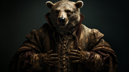 a bear in costume, with arms outstretched, poses in a baroque-style portrait. this photograph captures intricate details, resembling a realistic and high-quality portrait found in national geographic. the image offers a contemporary twist on medieval art, showcasing a close-up of the bear's expressive face. ai generatedの素材