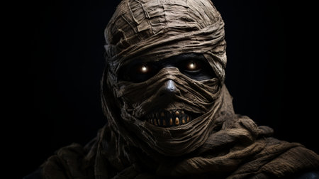 mummy's eye looking up at a dark background in the style of detailed costumes, with a twisted sense of humor. the photo features a dark beige and black color scheme, with a backlight illuminating the eye. the eye is wrapped and has explosive pigmentation, creating a captivating visual. ai generatedの素材