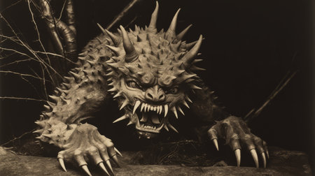 a metal statue resembling a dragon creature, with claw-like appendages, is captured in this close-up shot. the strong facial expression and spiky mounds add to its captivating presence. the photo is taken in the style of graflex speed graphic, reminiscent of national geographic's iconic imagery. it is part of the american works on paper 1880-1950 collection, presented in a large canvas format. ai generatedの素材