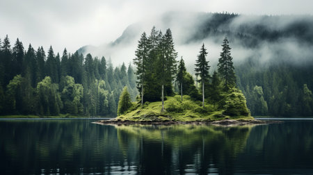 an island sits serenely amidst a lake, surrounded by a misty atmosphere and enveloped in the captivating hues of dark white and green. this swiss-style woodland imagery evokes a sense of tranquility and awe. a breathtaking national geographic photo captured in 32k uhd, it serves as a stunning inspiration for landscape enthusiasts. ai generatedの素材
