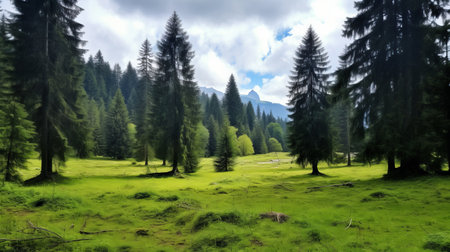 a stunning 1080p screen background hd photo featuring a lush green park of trees in a forest. this high-quality image captures the beauty of the mountainous vistas in a swiss realism style. taken with a fujifilm x-t4, this national geographic-worthy photo showcases the prehistoric allure of nature. ai generatedの素材