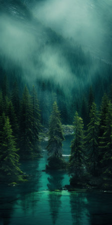 swamp wallpaper featuring a calming and introspective aesthetic. the image showcases a swamp with dark green and light aquamarine tones, creating a serene atmosphere. captured through webcam photography, the photo displays a mix of dark turquoise and light brown hues. the swamp is surrounded by mountainous vistas, creating a juxtaposed imagery reminiscent of the swiss style. ai generatedの素材