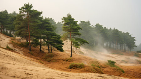 a misty sandy hill adorned with small trees, captured in the style of traditional japanese artistic techniques. this national geographic photo showcases the enchanting beauty of dutch seascapes and the forestpunk aesthetic. taken with a nikon d750, it evokes the serene atmosphere of the heian period. ai generatedの素材