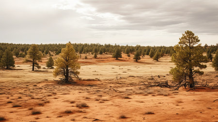 trees and red dirt contrast against a green pond, creating a desolate landscape reminiscent of desertwave. captured with a carl zeiss distagon t 15mm f/2.8 ze lens, the image showcases a palette of dark yellow and light gray. atmospheric clouds add to the scene, while idealized native americans add a touch of cultural significance. ai generatedの素材