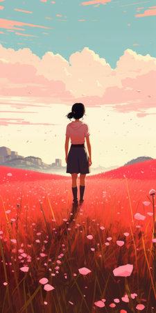 a lady stands in a field, surrounded by vibrant colors reminiscent of japanese-style landscapes. this beautiful lady is depicted in the style of colorful animation stills, with a mix of dark red and pink hues. the image captures a concept art vibe, showcasing a schoolgirl lifestyle with elements of pixel art. the soft atmospheric perspective adds depth to the scene. ai generatedの素材