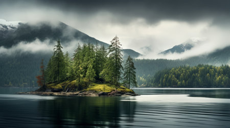 islands on a lake surrounded by a dense forest under a cloudy sky. this photo captures the atmospheric and moody lighting, showcasing photo-realistic landscapes in the style of the vancouver school. shot with a canon eos 5d mark iv, this nature-inspired art resembles the captivating imagery found in national geographic photos. ai generatedの素材