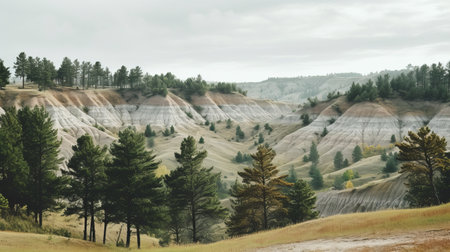 the painted hills, captured in this photo, showcase the mesmerizing rock formations. the image portrays a captivating blend of gray and beige tones, reminiscent of atmospheric woodland imagery. shot with a sony alpha a7 iii, the photo exudes a touch of midwest gothic aesthetic. the cross processing technique adds a multilayered and poetic feel to this pastoral scene. ai generatedの素材