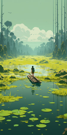 a vibrant junglepunk artwork by nikolai lockertsen featuring a man in a boat on the water. the lush landscape background, flat perspective, and naturalistic color palette create a captivating scene reminiscent of children's book illustrations. this 32k uhd artwork showcases the artist's talent for merging fantasy and reality in a visually stunning way. ai generatedの素材
