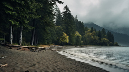 a cloudy sky hangs over a vast lake, creating a captivating scene reminiscent of forestpunk and michael shainblum's style. the en plein air beach scenes influence is evident, with a shallow depth of field highlighting the dark gray and beige tones. this northwest school-inspired topographic photography captures the serene beauty of the landscape. ai generatedの素材