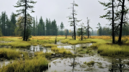 wet grass in an open field, surrounded by trees, captures the essence of forestpunk. this national geographic photo showcases the calm waters and earthy naturalism of the scene. the vibrant yellow and green hues blend seamlessly, creating haunting landscapes that embody the essence of weathercore. ai generatedの素材