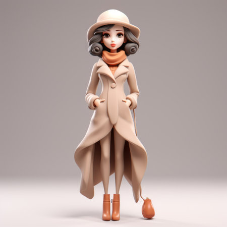 a whimsical cartoonish 3d model of a woman wearing a long dress and coat. this charming anime-inspired character has a warm tonal range, reminiscent of the works of craig davison and felicia simion. the colored cartoon style adds a playful touch to this porcelain-like creation. ai generatedの素材