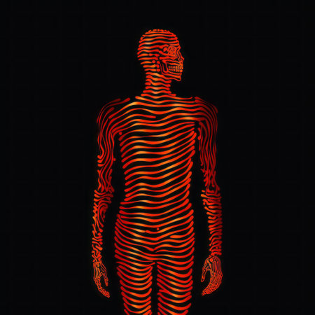 a man bending down with hands in pockets, in an op art optical illusion style, against a dark background with flames. the contour lines, light red and bronze colors, and rubber material create emotive fields of color. the skeletal wire structure adds depth to the composition. ai generatedの素材