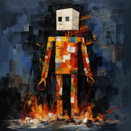 an orange minecraft character stands amidst a blazing fire, resembling expressive figurative paintings. this unique artwork combines elements of robotic expressionism, dark expressionism, and mosaic-like aesthetics. inspired by artists like nicola samori, serge marshennikov, and skeletal forms, this image captures a captivating blend of digital and traditional art styles. ai generatedの素材