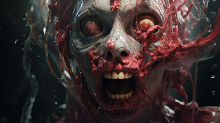 a close-up photo of a hyper-realistic sculpture in the style of unreal engine 5. the sculpture depicts a zombie character drowning in water, with tears dripping from its eyes. the sculpture features light crimson and white colors, along with undefined anatomy and expressive facial features. additionally, there are mechanical sculptures incorporated into the design. ai generatedの素材