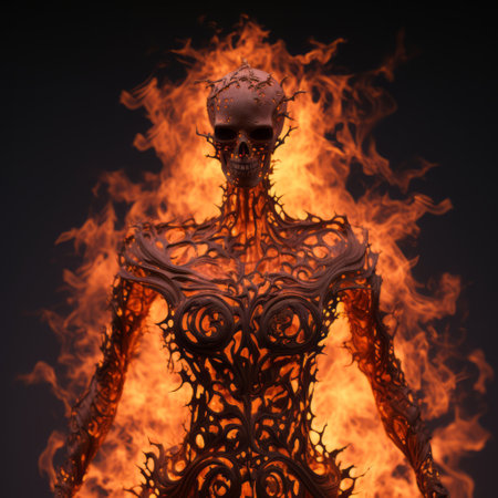 a female figure stands amidst swirling flames, portrayed in a realistic hyper-detailed rendering. the design showcases skeletal, extruded shapes made of intertwining vines, resulting in disfigured forms. this uhd image is enhanced with darktable processing, capturing the intricate and captivating nature of the subject. ai generatedの素材