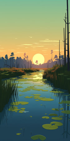 watercolor vector illustration of a stunning sunset in the swamp, reminiscent of paul corfield's style. this pixel art masterpiece, inspired by national geographic photos, showcases the breathtaking beauty of nature. justin gaffrey's influence is evident in the serene and tranquil scenes, capturing the essence of the natural world. ai generatedの素材
