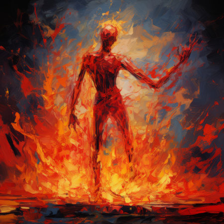 a photo of a person's artwork titled "fire burning man." this aggressive digital illustration showcases a full body expressionist figurative painting. the artwork features supernatural creatures in dark red and azure colors. the low resolution adds a unique touch, while the artist's fine attention to anatomy is evident. ai generatedの素材